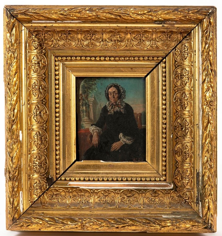 19th century antique European miniature painting, oil on a wooden panel, given in a fine antique (1 of 3)