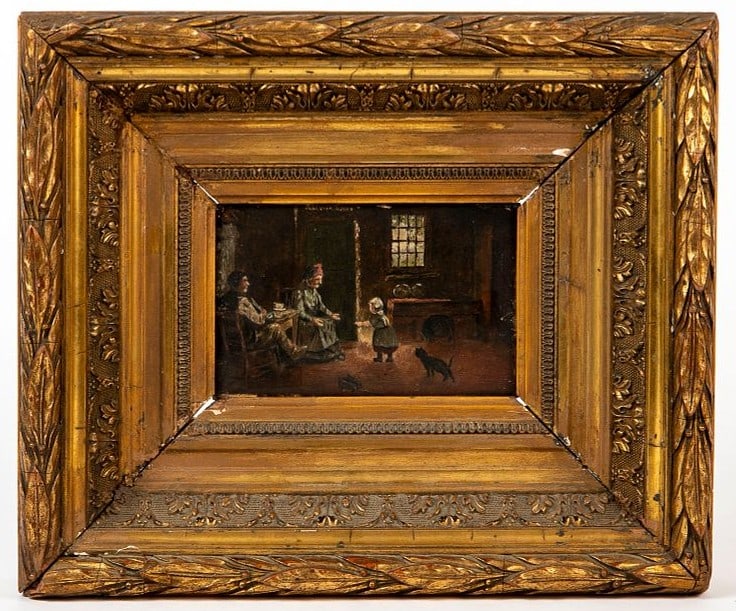 19th century antique European miniature painting, oil on a wooden panel, given in a fine antique (1 of 4)
