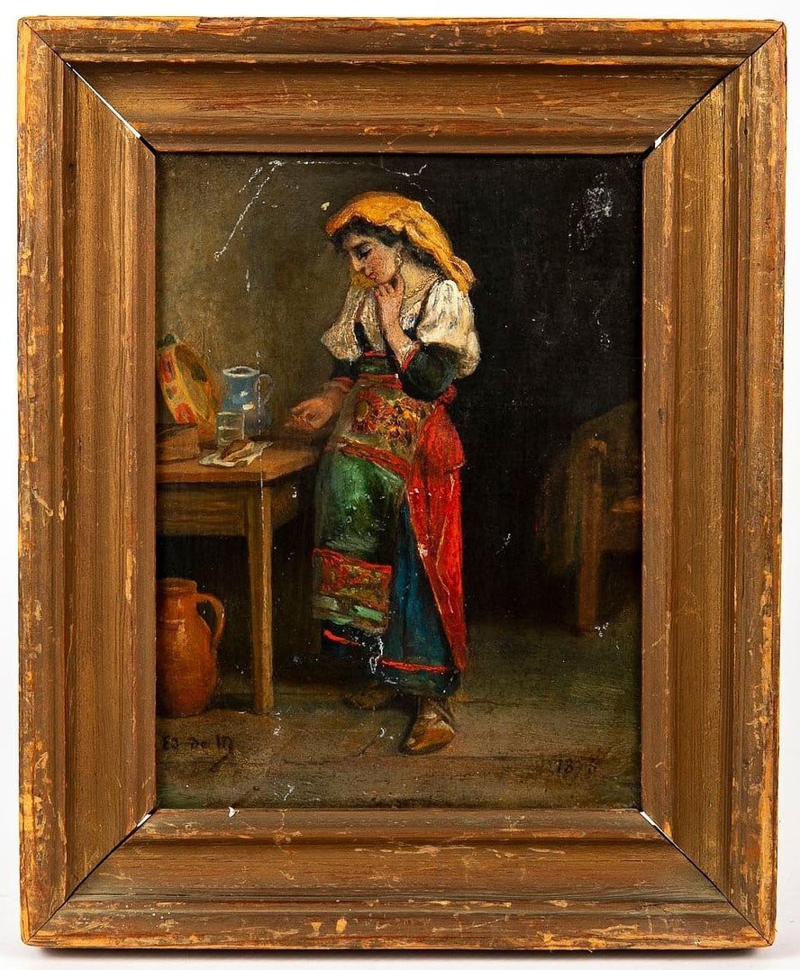 'Giovane popolana' - antique 19th-century Italian painting, according to Francesco Coleman: 'Giovane popolana' - antique 19th-century Italian painting, according to Francesco Coleman (1851-1918), oil on panel, signed and dated 1873, a number of paint abrasions, Painting dimensions: 23x18 cm,