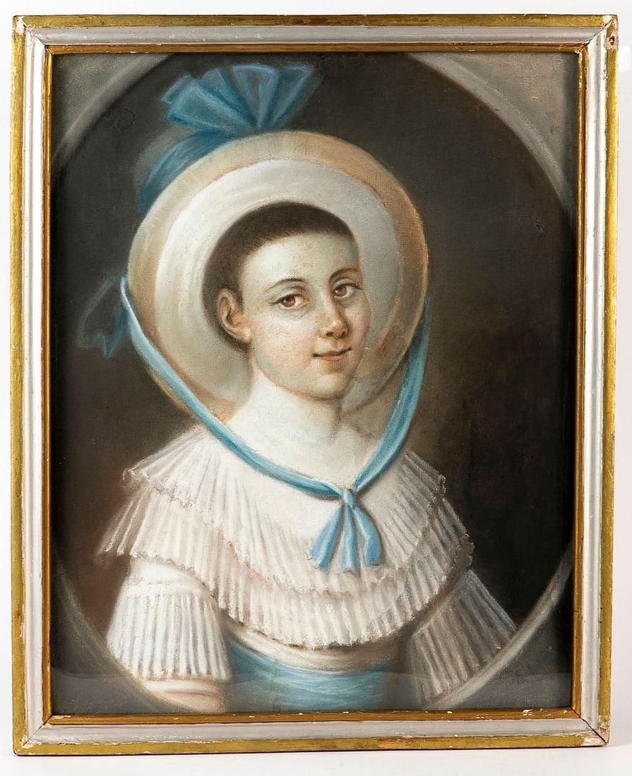 Girl in white - pastel on paper, 18th century, with French writing on his back, tears to paper, (1 of 4)
