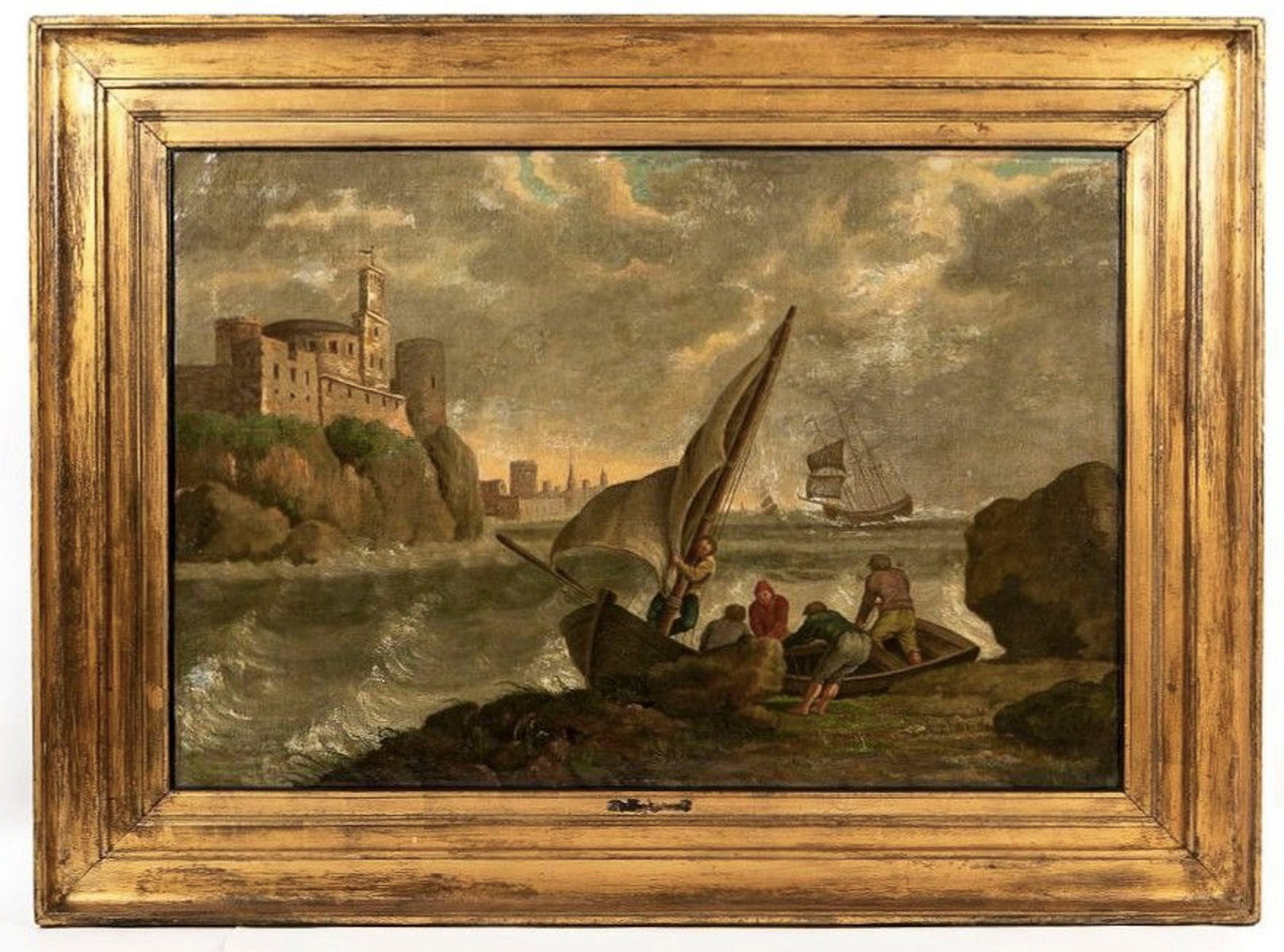 An antique and large European painting, oil on canvas, depicting boatmen on the seashore, in the: An antique and large European painting, oil on canvas, depicting boatmen on the seashore, in the style of the French painter Claude Joseph Vernet, from late 19th - early 20th century, Drawing dimensio