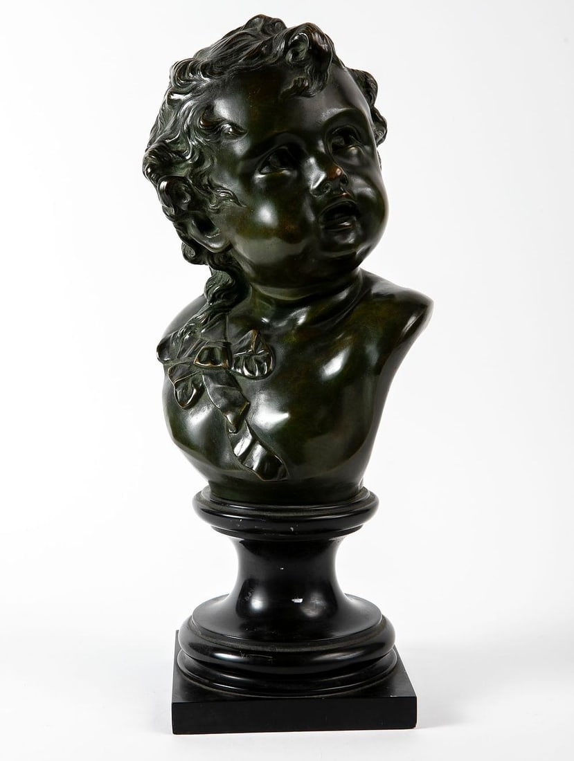 Bust in the form of a child's head, late 19th century, made of bronze, signed Saibas, dark green: Bust in the form of a child's head, late 19th century, made of bronze, signed Saibas, dark green patina, black marble base, Height: 43 cm, width: 16 cm,