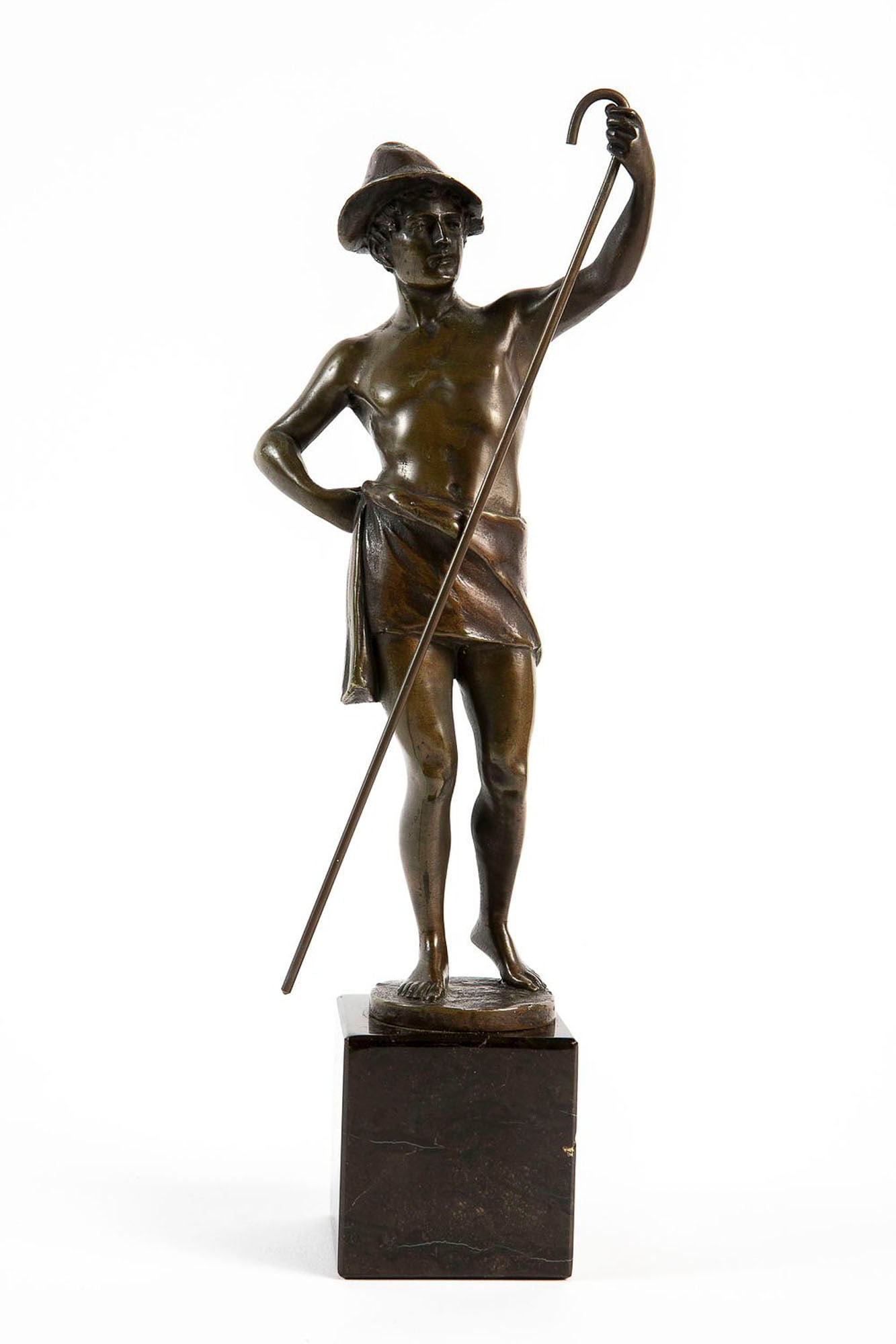 An antique French bronze statue from the beginning of the 20th century, in the form of a shepherd,: An antique French bronze statue from the beginning of the 20th century, in the form of a shepherd, based on a model by the artist Raphael Hubert (born 1884), the name of the statue 'Le Berger', brown 