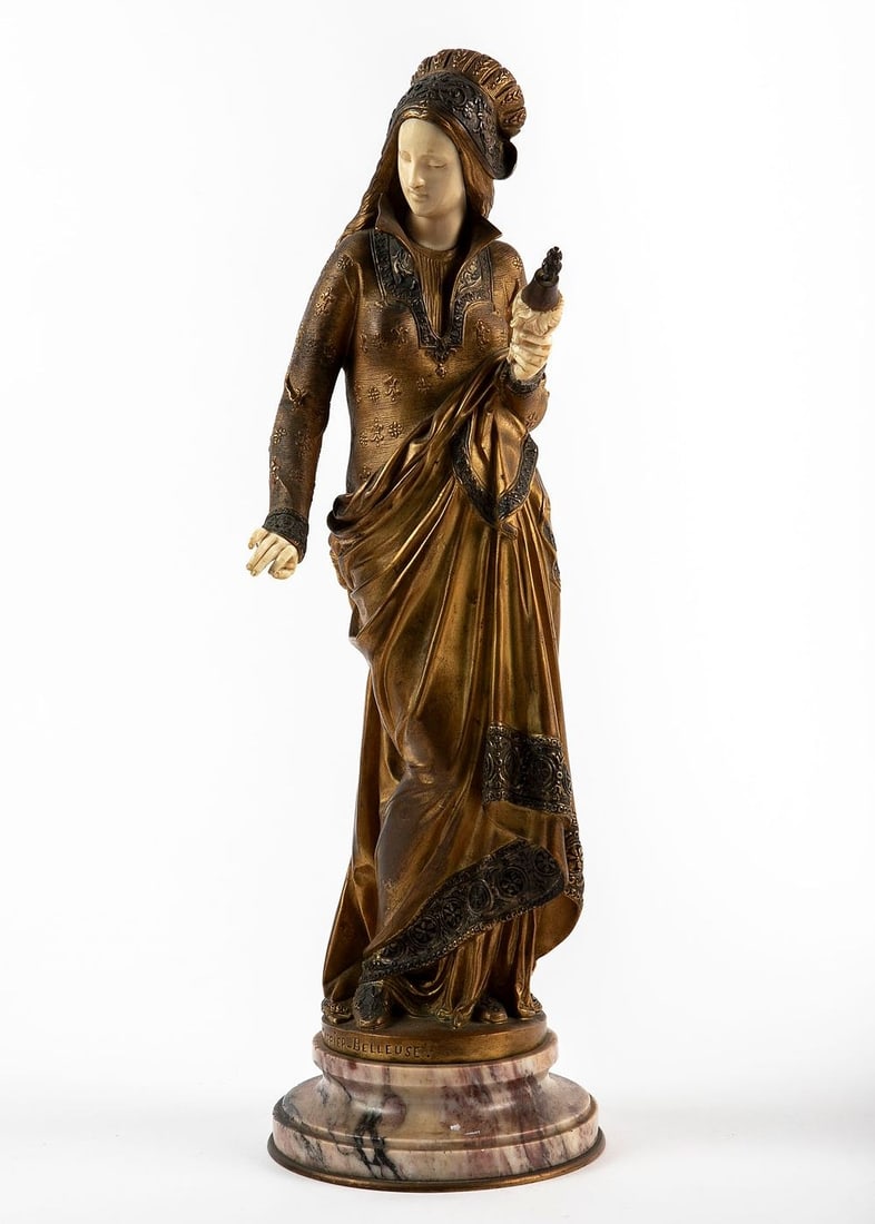 Albert-Ernest Carrier-Belleuse - an antique French sculpture from the last quarter of the 19th: Albert-Ernest Carrier-Belleuse - an antique French sculpture from the last quarter of the 19th century, the name of the statue 'La Fileuse', made of bronze, marble and carved natural material, signed,