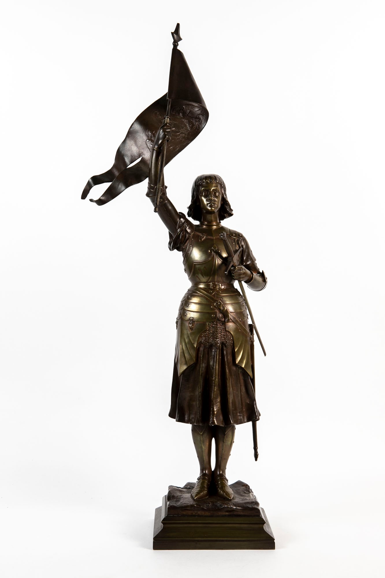 Germain Jean Baptise (1841-1910) - Large and impressive French bronze sculpture of Jeanne d'Arc, the: Germain Jean Baptise (1841-1910) - Large and impressive French bronze sculpture of Jeanne d'Arc, the heroine of France, brown patina, signed, Height: 78 cm, total width: 31 cm,