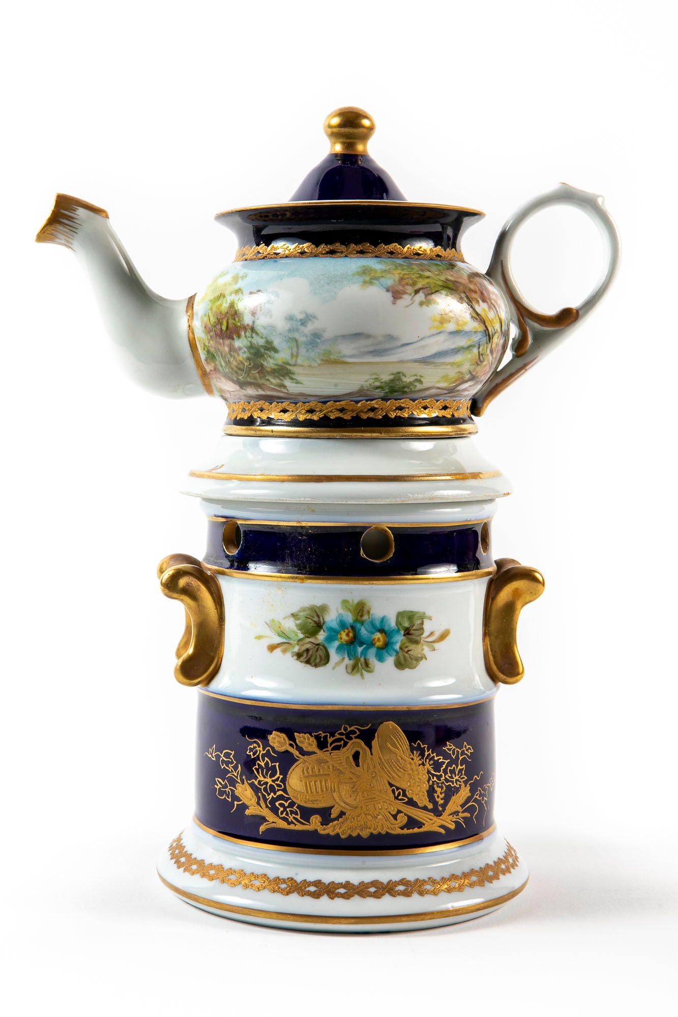 Antique French Veilleuse (five parts), made of handmade decorated porcelain, signed, Total height:: Antique French Veilleuse (five parts), made of handmade decorated porcelain, signed, Total height: 25 cm, total width: 19 cm,