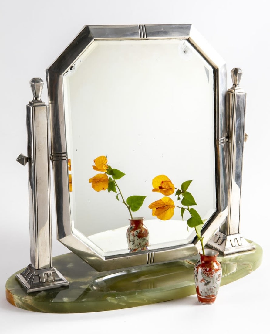 A Fine Art Deco Gebruder Deyhle Silver and Green Onyx Vanity MIrror, Germany, ca 1910, The base (1 of 6)