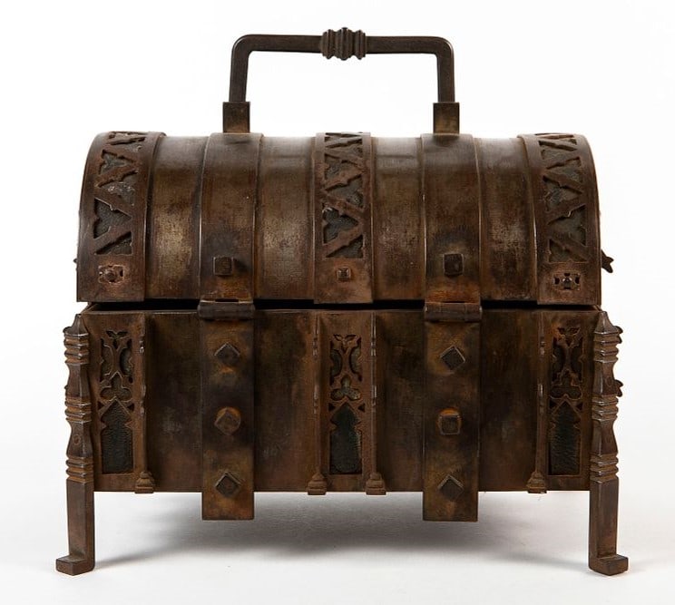 An antique French jewelry box from the 19th century made of metal in the French Gothic Revival style (1 of 6)