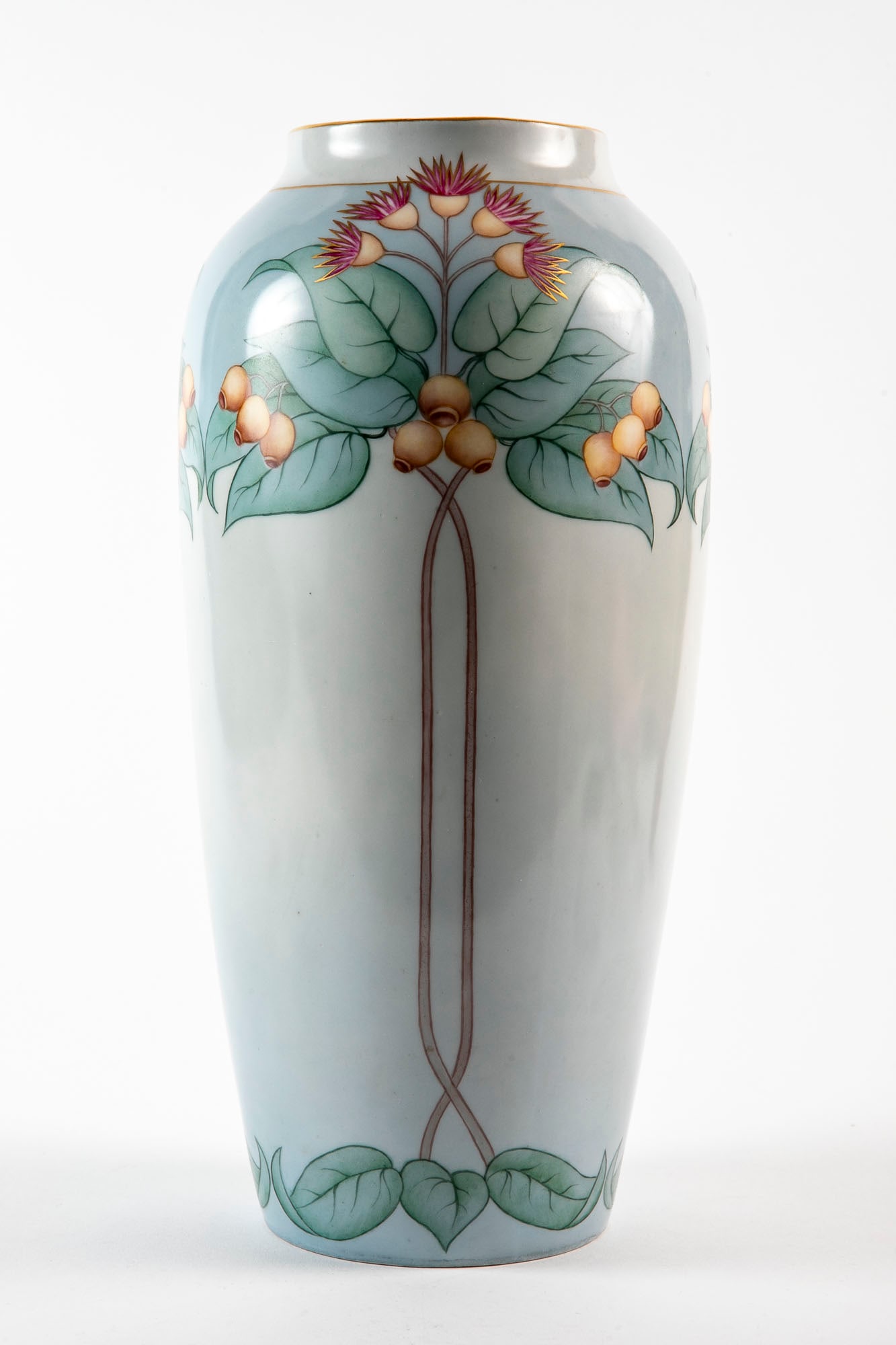 An antique and rare French art nouveau porcelain vase, circa 1900, made by Deligni?¨res & Cie De: An antique and rare French art nouveau porcelain vase, circa 1900, made by Deligni?¨res & Cie De Limoges and signed, decorated with a hand drawing of a eucalyptus tree blossom, signed by the artist Y