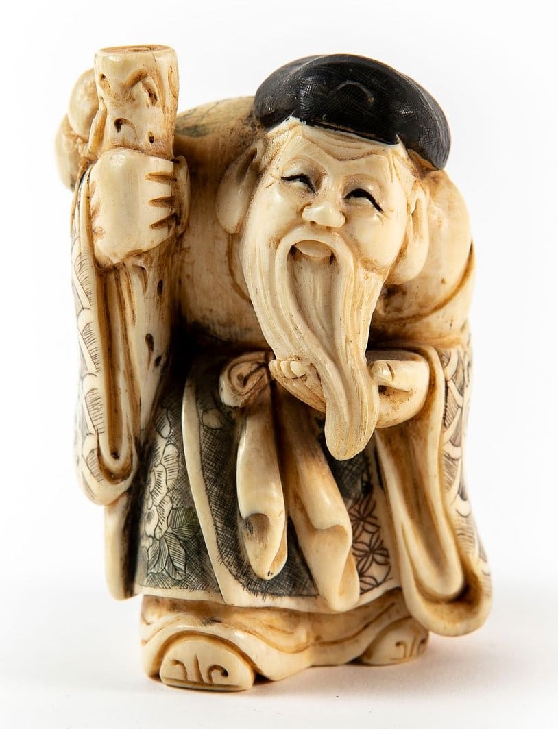 Chinese figurine, made of natural material, hand-carved, signed, Height: 9 cm, width: 6 cm, (1 of 6)