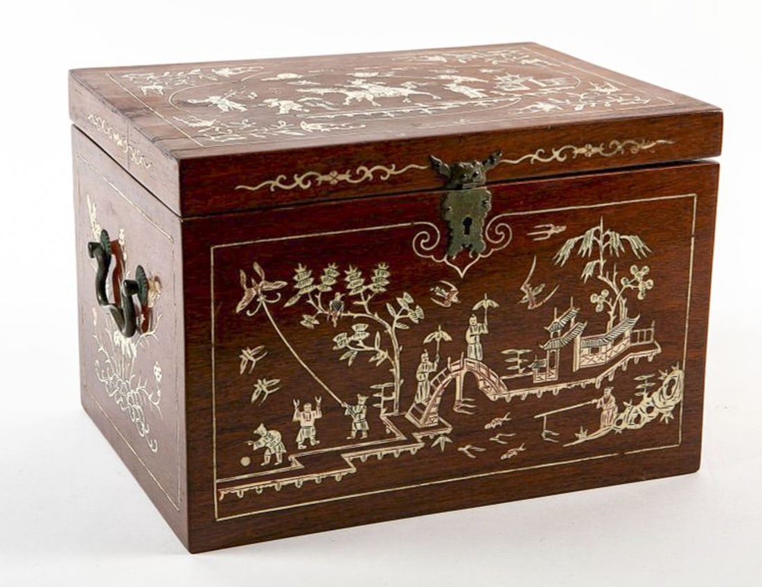 An antique Chinese carrying box, circa 1900-1910, made of wood and metal devices, inlaid on each (1 of 8)