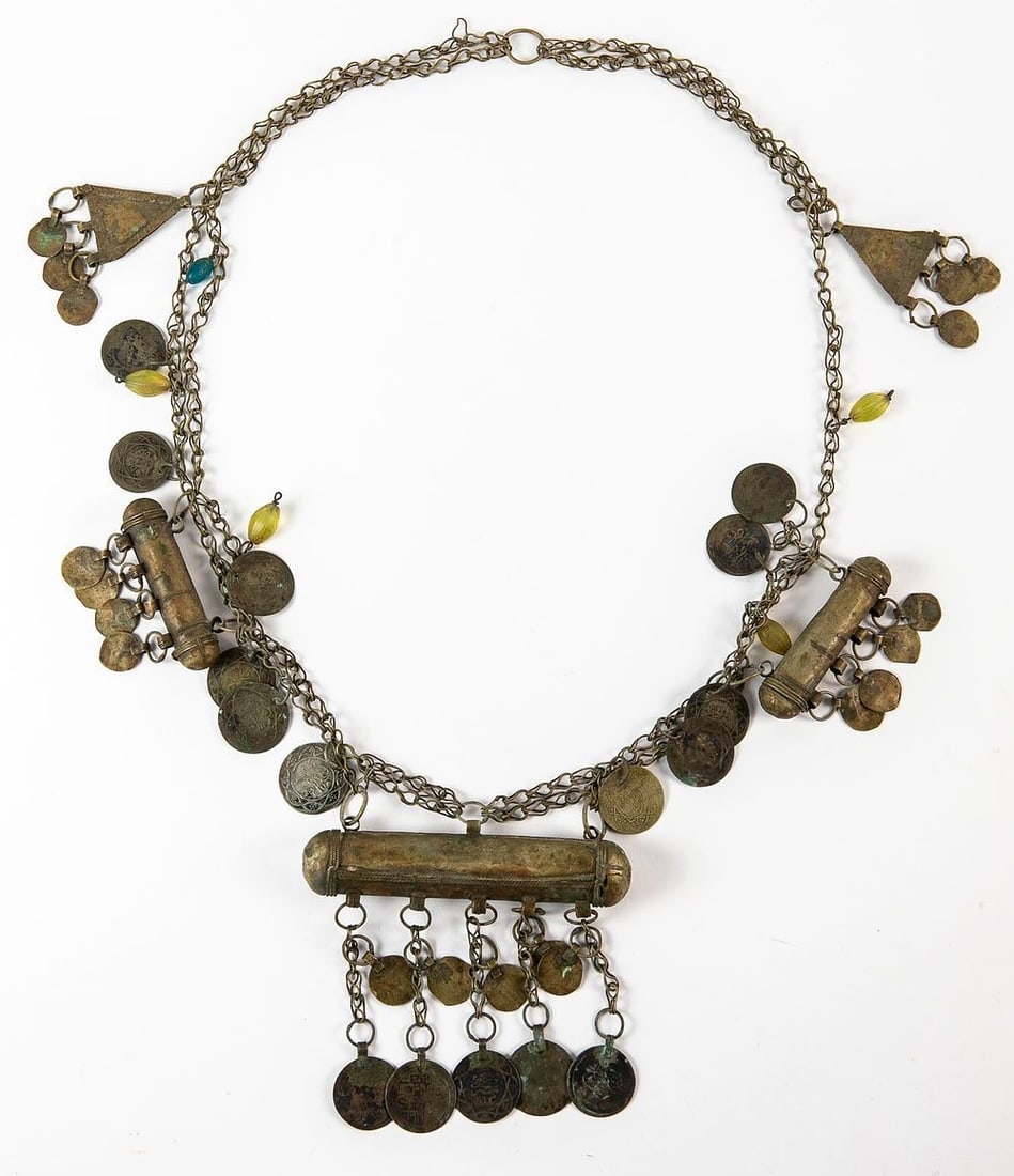 Antique 19th century Ottoman amulet necklace, also known as 'Hamayil', inlaid with Ottoman Turkish: Antique 19th century Ottoman amulet necklace, also known as "Hamayil", inlaid with Ottoman Turkish metal coins and glass beads, Used condition consistent with age, signs of corrosion, Width of the lar