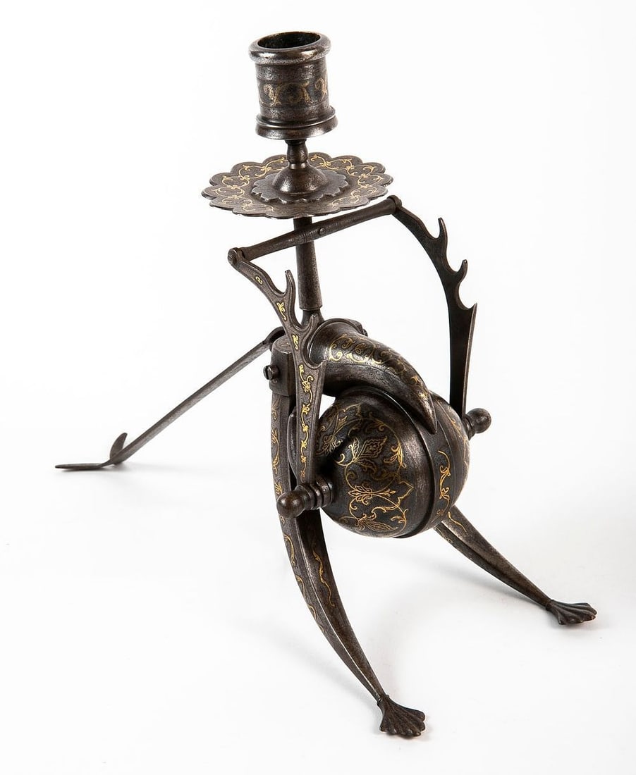 A desk inkwell, made of Toledo work, gold inlay in iron, includes a pen stand and a candle holder,: A desk inkwell, made of Toledo work, gold inlay in iron, includes a pen stand and a candle holder, Height: 21 cm, total length: 23 cm,