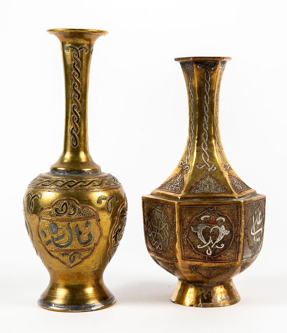 Two Islamic vases, decorated with damask work, repair, Height respectively: 20 and 22 cm, (1 of 5)