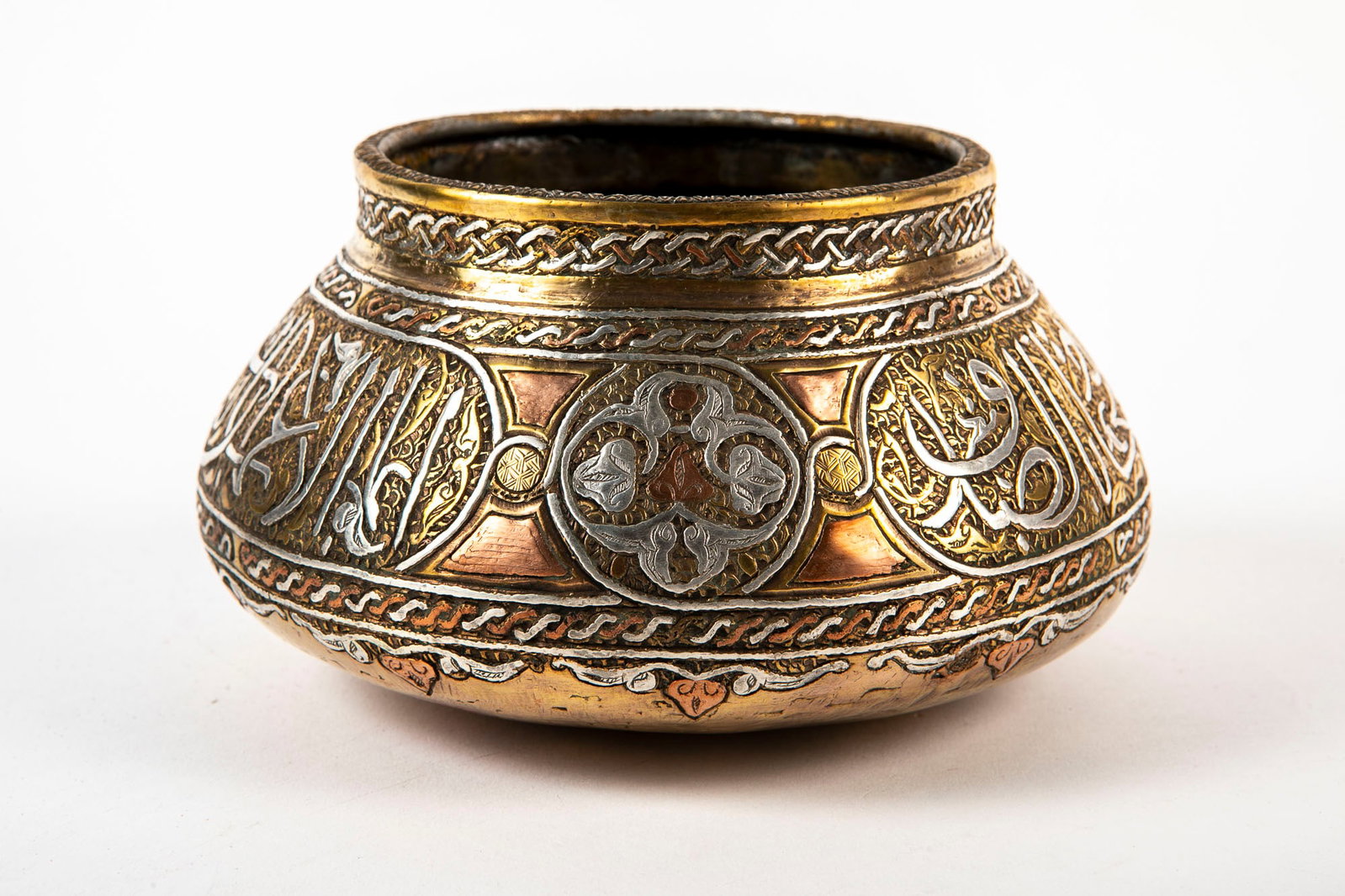 Islamic vessel, decorated with damask work, Height: 10.5 cm, width: 18 cm, (1 of 3)