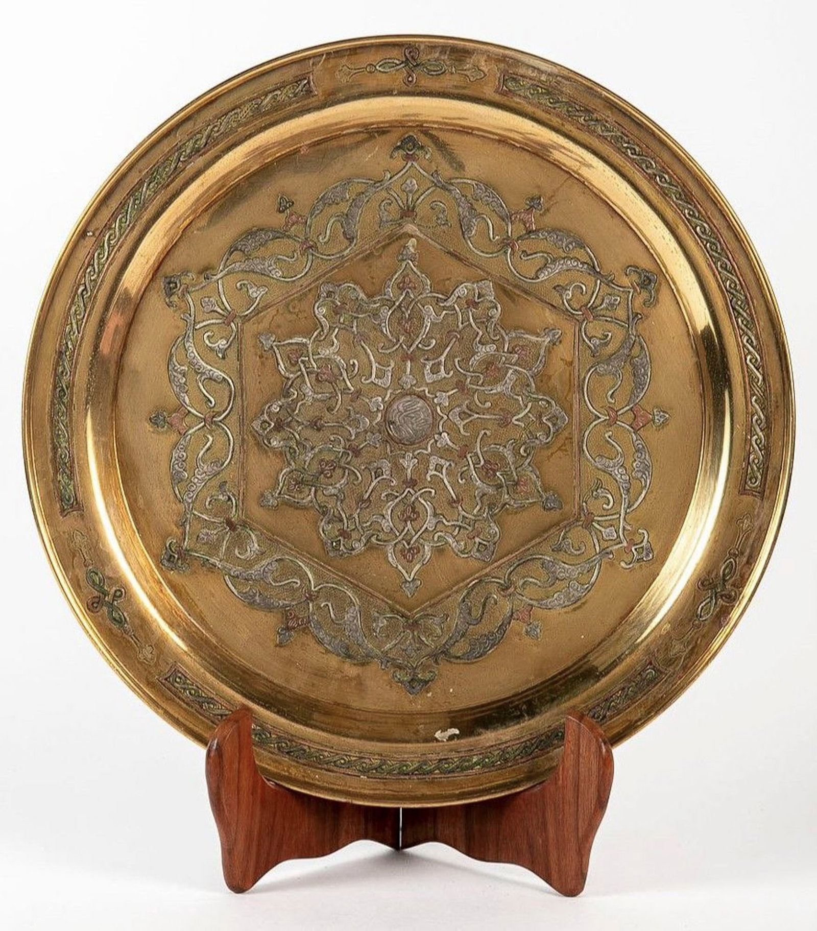 Islamic tray, decorated with Damascus work, Diameter: 36 cm, (1 of 4)