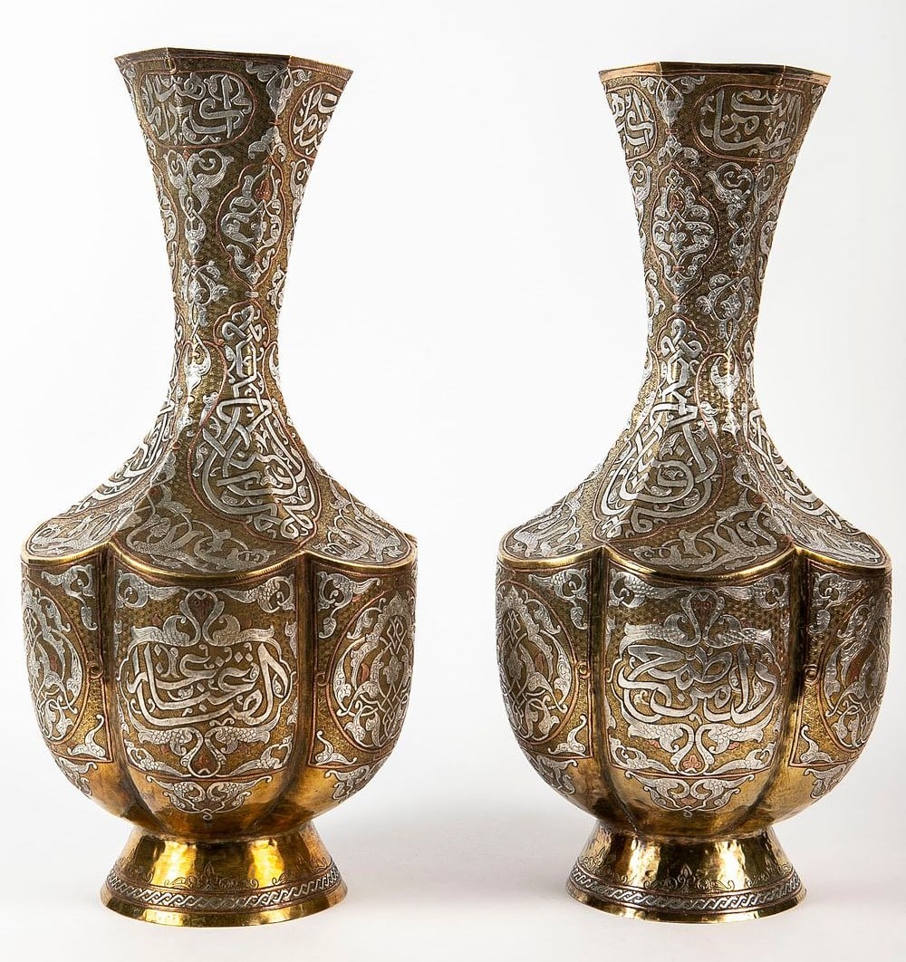 A pair of impressive Islamic vases, decorated with Damascus work, Height: 43.5 cm, width: 23 cm, (1 of 6)
