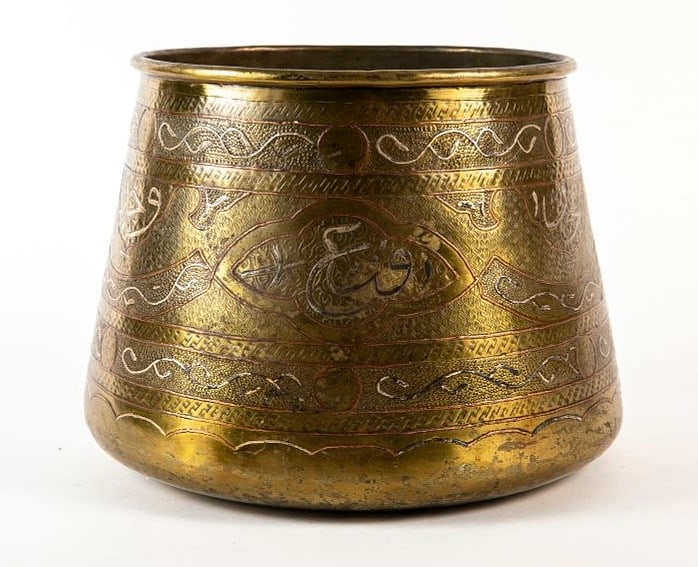 Islamic vessel, decorated with Damascus work, dovetail connections to the base, Height: 18 cm, (1 of 6)