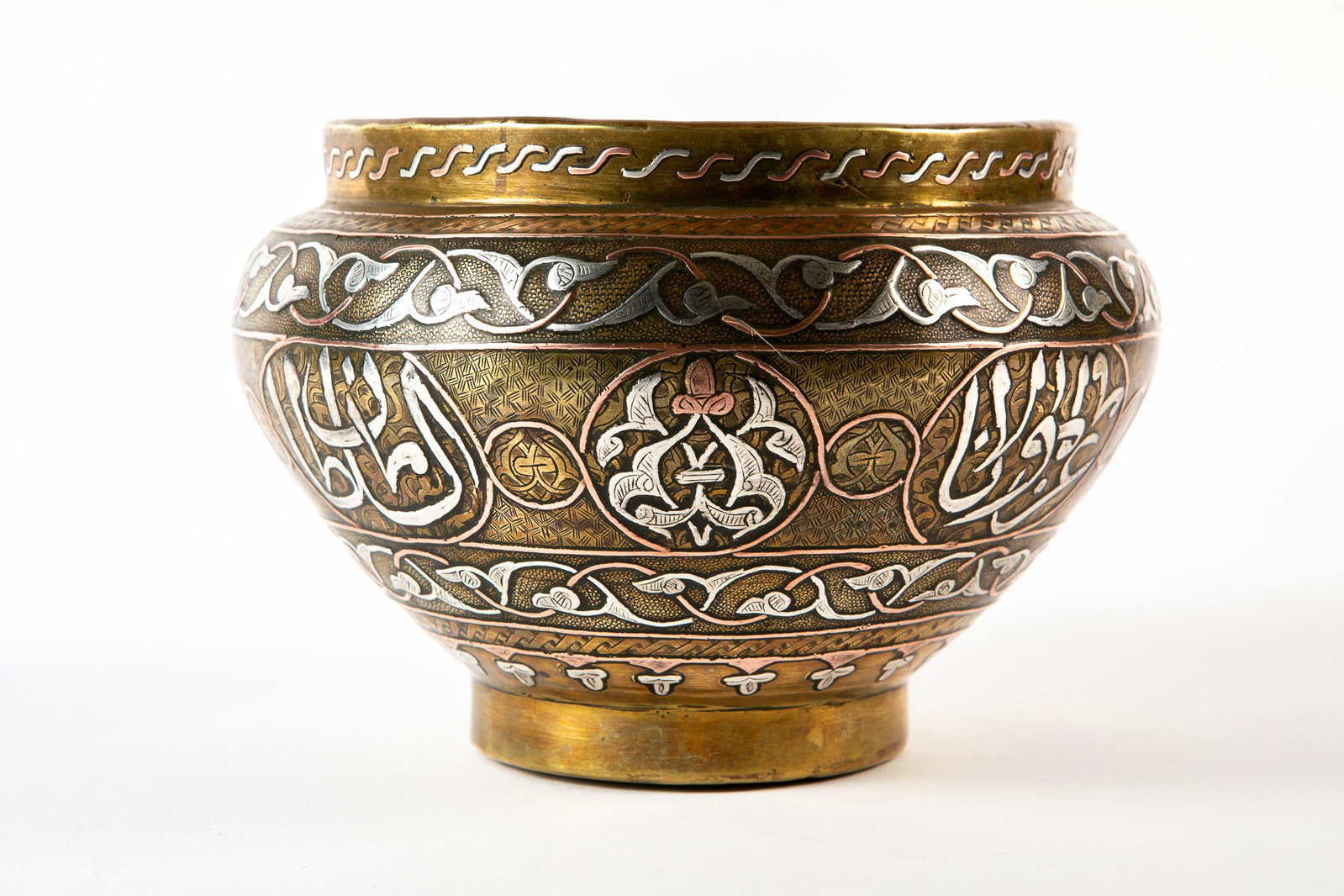 antique Syrian vessel, decorated with Damascus work, Height: 14 cm, diameter: 20 cm, (1 of 3)