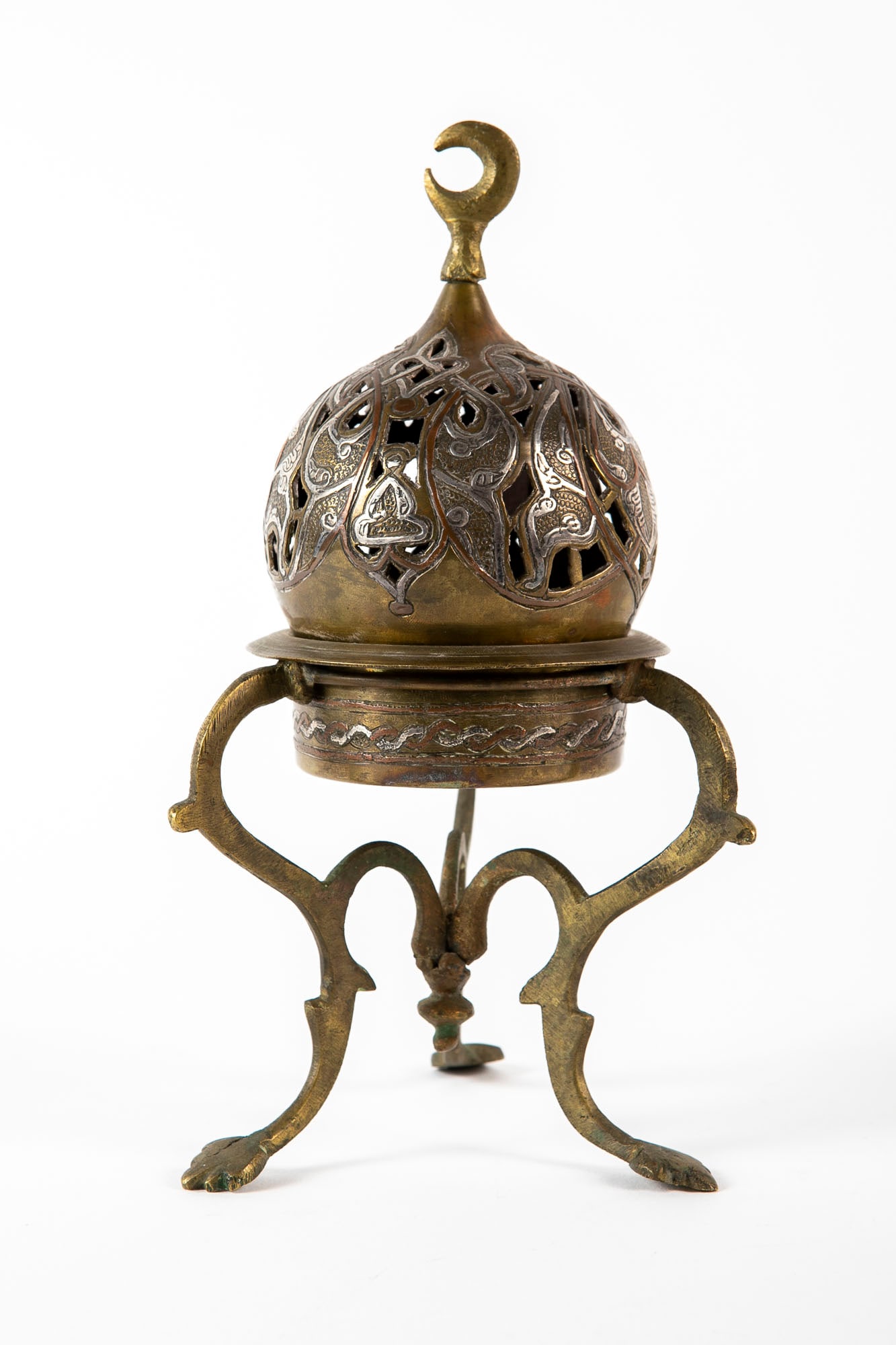 Tabletop Islamic censer, for the Ottoman market, decorated with Damascus work, Total height: 22 cm, (1 of 3)