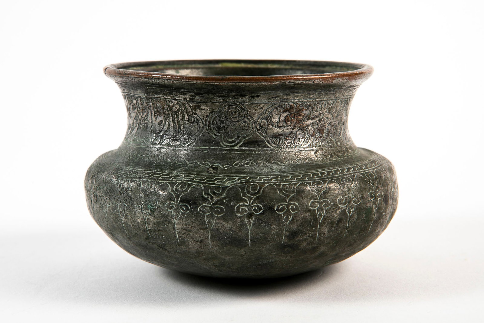 An antique Persian vessel from the 19th century, made of hand-decorated copper plated with tin, (1 of 3)