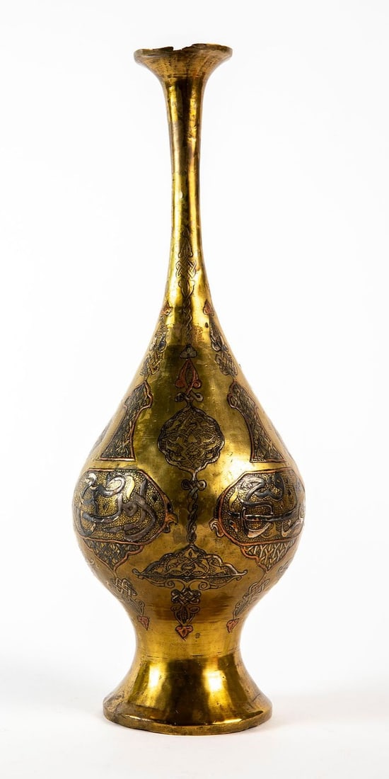 An antique Islamic vase, decorated with Damascus work, flaw to the rim, Height: 34 cm, width: 13 cm,: An antique Islamic vase, decorated with Damascus work, flaw to the rim, Height: 34 cm, width: 13 cm,
