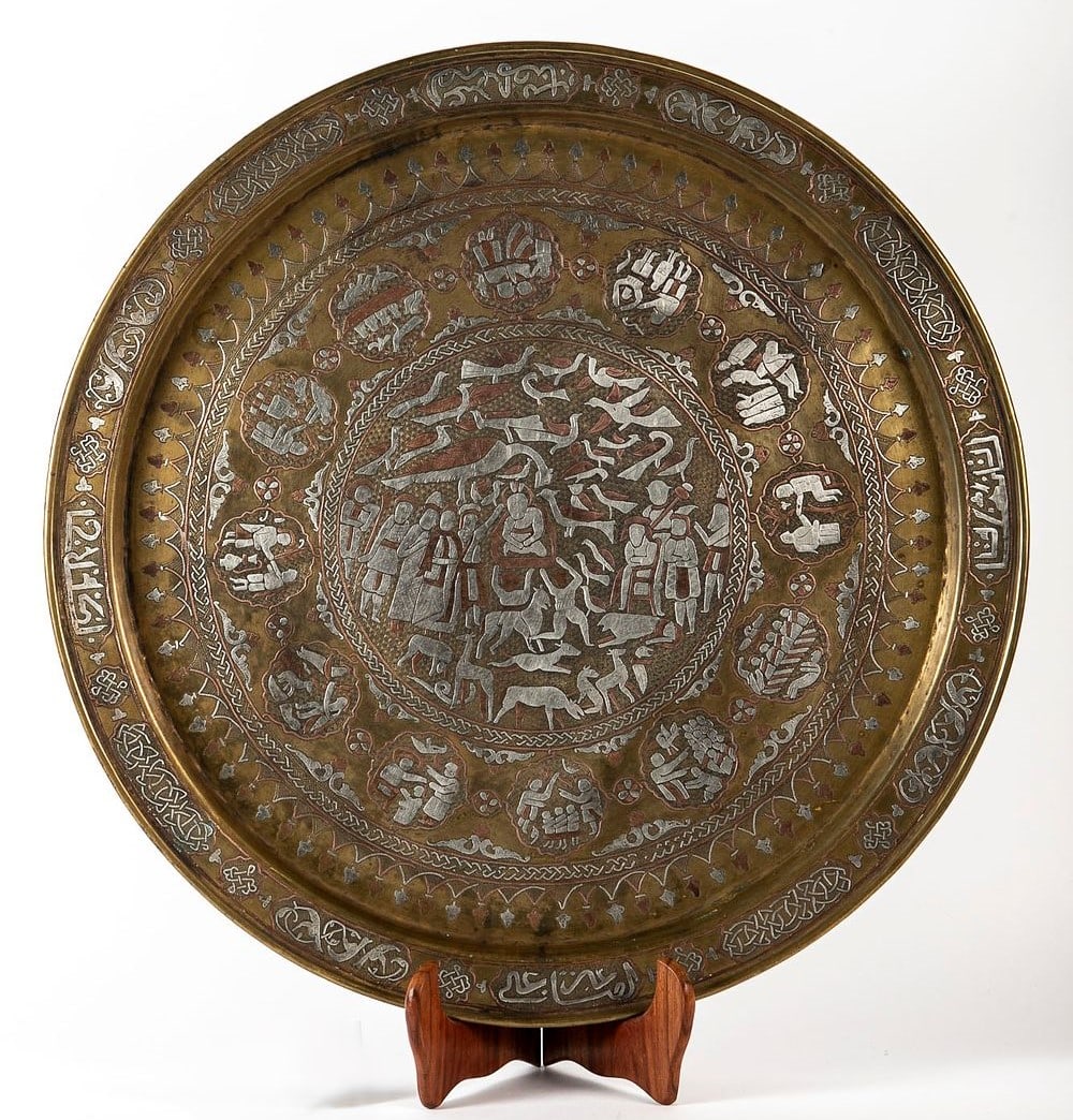Islamic tray, decorated with Damascus work, Diameter: 58 cm, (1 of 4)