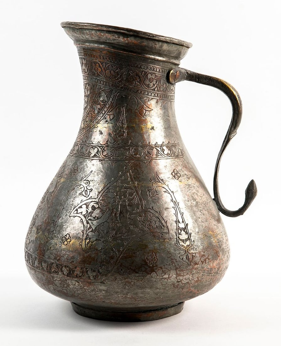antique Persian pitcher, made of hand-decorated copper, remains of tin plating, Height: 38 cm, total (1 of 6)