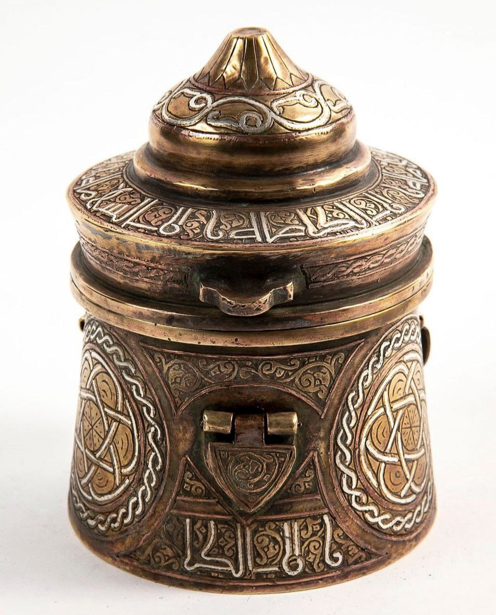 An Islamic vessel, decorated with Damascus work, one tab is missing from the handle and the for (1 of 6)