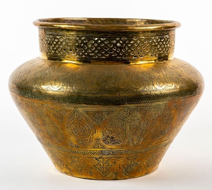 An antique Syrian pot from the 19th century, made of hand-decorated brass, the upper rim is (1 of 4)