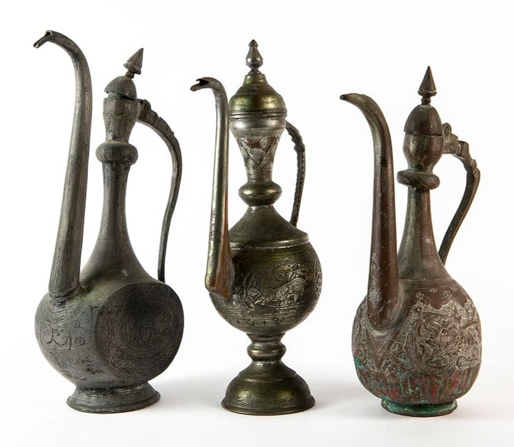 Lot 3 antique Islamic aftabeh jugs, copper and tin, Height: 32.5-36 cm, (1 of 6)