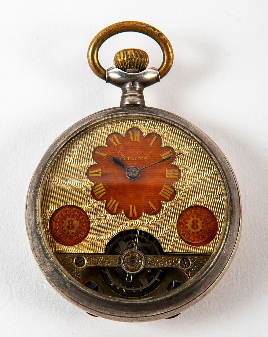 Antique pocket watch, made of silver 875 (hallmarked 84), of the Hebdomas 8 Days model. A Swiss: Antique pocket watch, made of silver 875 (hallmarked 84), of the Hebdomas 8 Days model. A Swiss manual winding movement that lasts for eight days, an engraved dial in shades of red and gold, with a vi