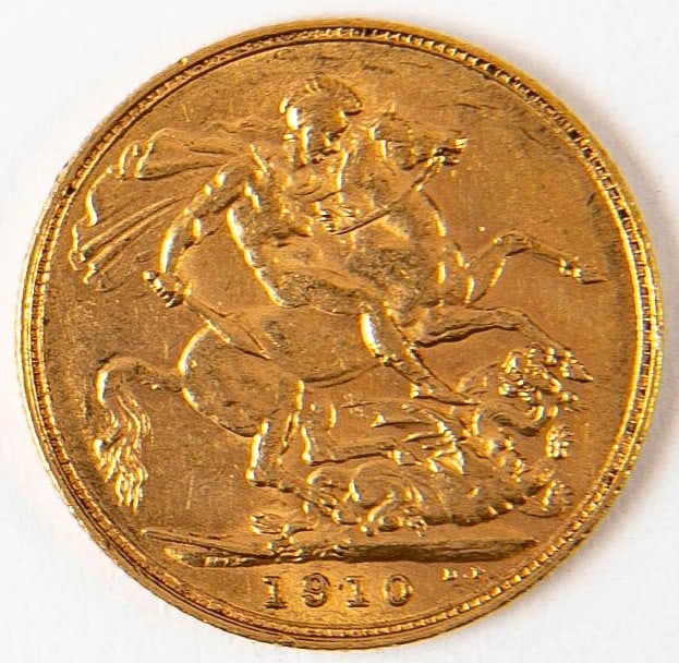1910 English sovereign gold coin, gold: 916, Weight: 7.9 grams, (1 of 5)