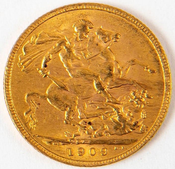 1909 English sovereign gold coin, gold: 916, Weight: 7.9 grams (1 of 5)