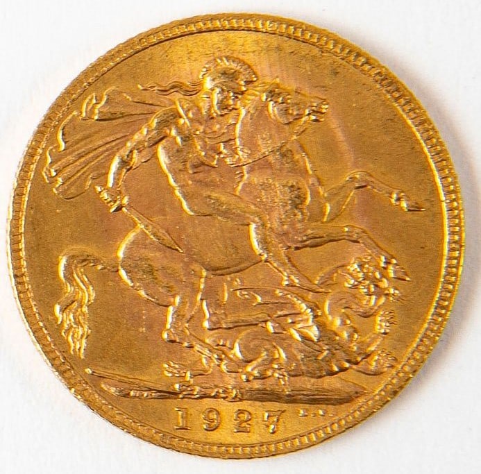 1927 English sovereign gold coin, Gold: 916, Weight: 7.9 grams,: 1927 English sovereign gold coin, Gold: 916, Weight: 7.9 grams,