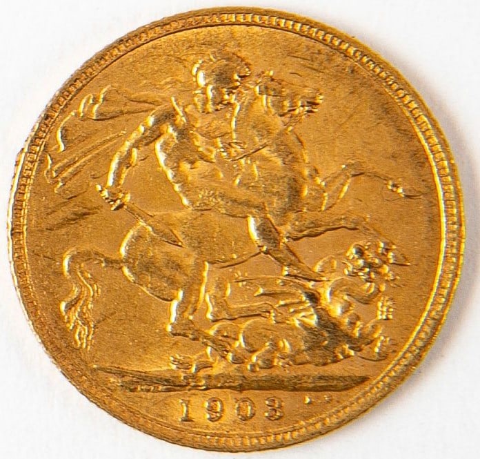 1903 English sovereign gold coin, Gold: 916, Weight: 7.9 grams, (1 of 5)