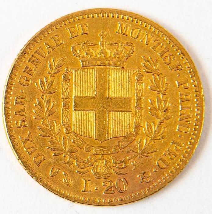 1859 Sardinia 20 Lire gold coin, gold: 900, Weight: 6.45 grams: 1859 Sardinia 20 Lire gold coin, gold: 900, Weight: 6.45 grams