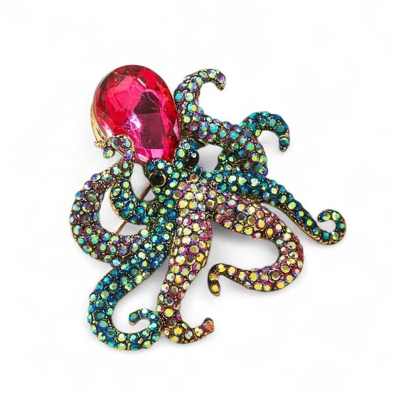 Vintage Rhinestones brooch zircon stone octopus multicolor (1 of 1)