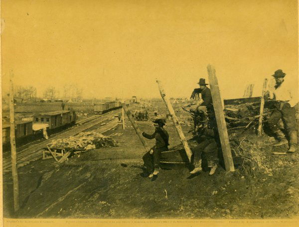 Alexander Gardner Original Albumen: Subtitle: Additional Information:Large 14 x 11" Photo: Union Soldiers Description:Original 19 century photograph: Union Soldiers Albumen photograph, 9" x 7", of four Union soldiers watching a train fr