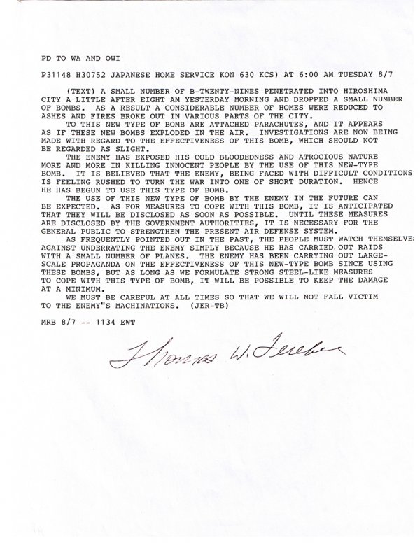 Enola Gay Atomic Bomb Document Signed UACC PADA