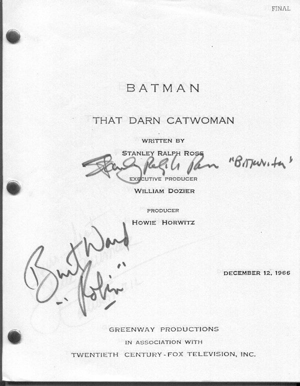 Cast signed Batman -Darn Catwoman script UACC PADA: Subtitle: Description:Batman was an immediate TV hit action series based upon the characters created by Bob Kane in 1939 appearing in Batman and Detective Comics. Copy of the final script for the epis