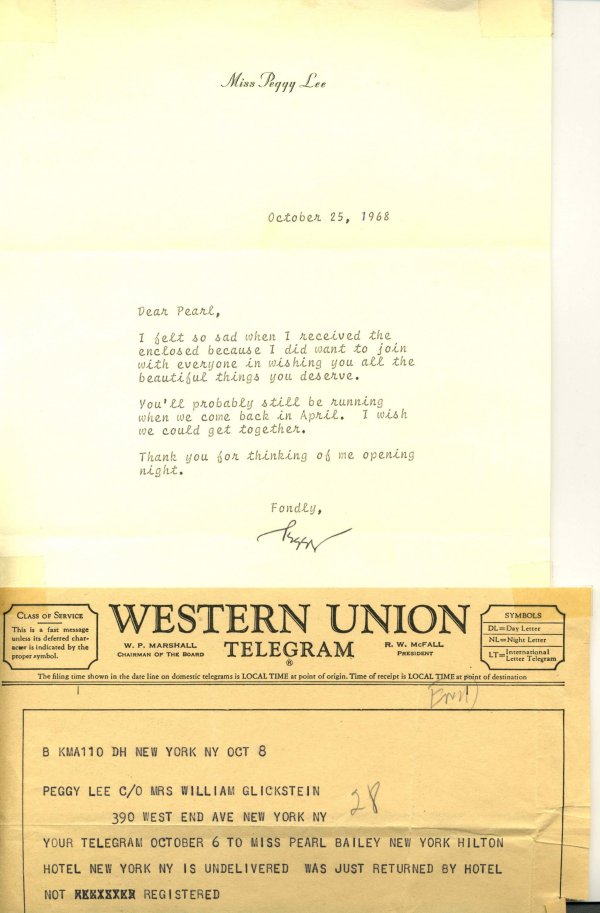 Peggy Lee Letter to jazz musician Pearl Bailey PAD
