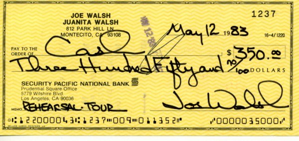 Joe Walsh Signed Check UACC PADA