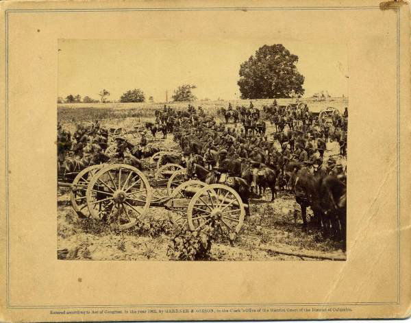 Brady's Gallery No. 439 Battery of Horse Artillery: Robertson's Horse Artillery. Rare gallery card with albumen photograph, 6 x 4 1/2" sepia toned, by Alexander Gardner, labeled on verso "Brady's Album Gallery No. 439 Maj. Robertson's Battery of Horse