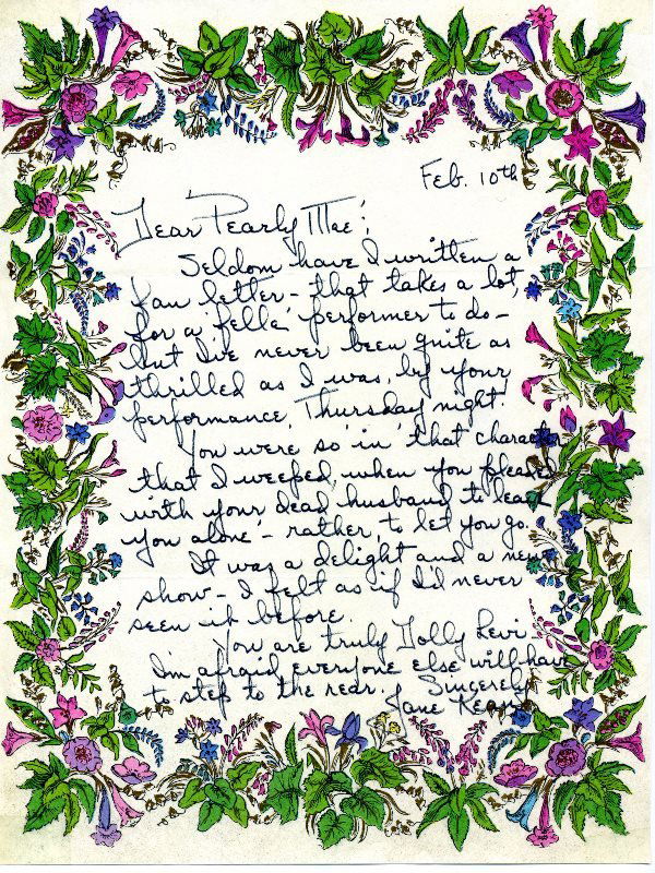 Jane Kean Jackie Gleason Show ALS to Pearl Bailey: Jane Kean, American actor who played Trixie Norton on the Jackie Gleason Show writes a fan letter to actress/singer Pearl Bailey for her role as Dolly Levi in "Hello Dolly!" 1 page, 8 1/2" x 11", Date