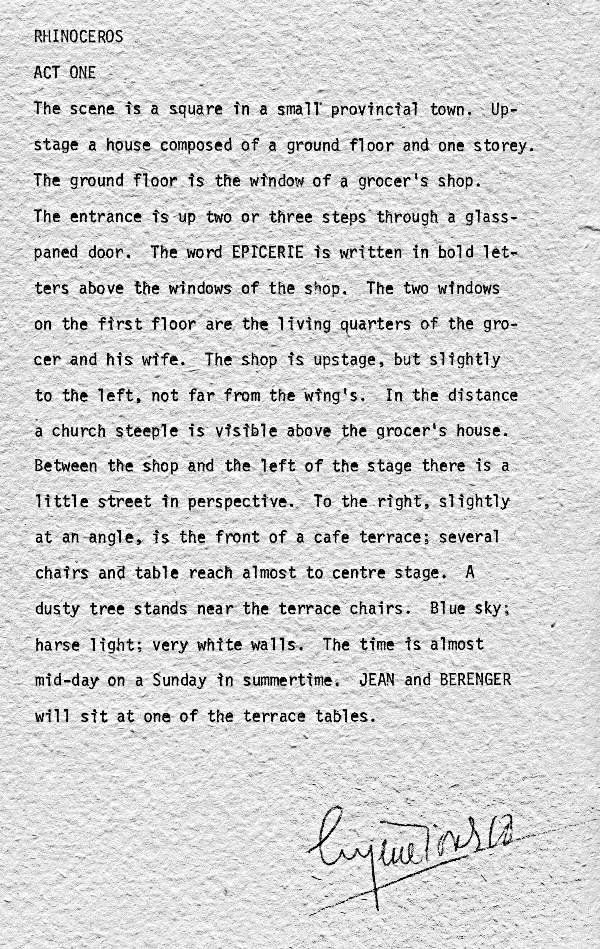 Eugene Ionesco Signed Typescript Signed from Rhino: One of the foremost playwrights of the theater of the absurd. Souvenir typescript, one page, 6.5 x 9.5 sheet of handmade paper, Act One of Rhinoceros. In part, 'The scene is a square in a small provin