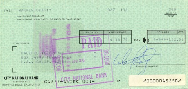 Warren Beatty Signed Check UACC PADA