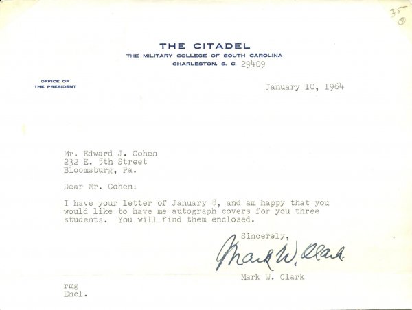 Mark W. Clark Letter Signed UACC PADA