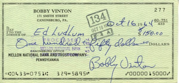 Bobby Vinton Signed Check UACC PADA