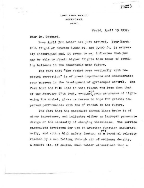 Charles Lindbergh Letter Signed UACC PADA: Typed letter signed on "Long Barn, Weald, Sevenoaks, Kent" letterhead stationary. Two pages, quarto, Weald, April 15, 1937. Written to: "Dr. R.H. Goddard, Mescalero Ranch, Post Office Box. No. 978, Ro